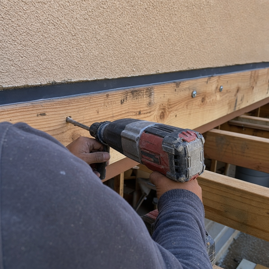 Contractor drills hole in wooden beam for deck construction