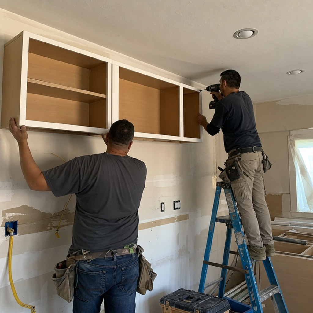 Contractors install kitchen cabinet on wall with one on a ladder using a drill