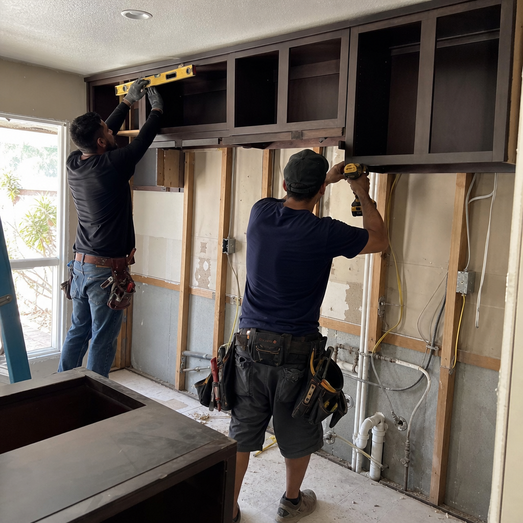 Contractors install kitchen cabinets, one uses level, other drills.