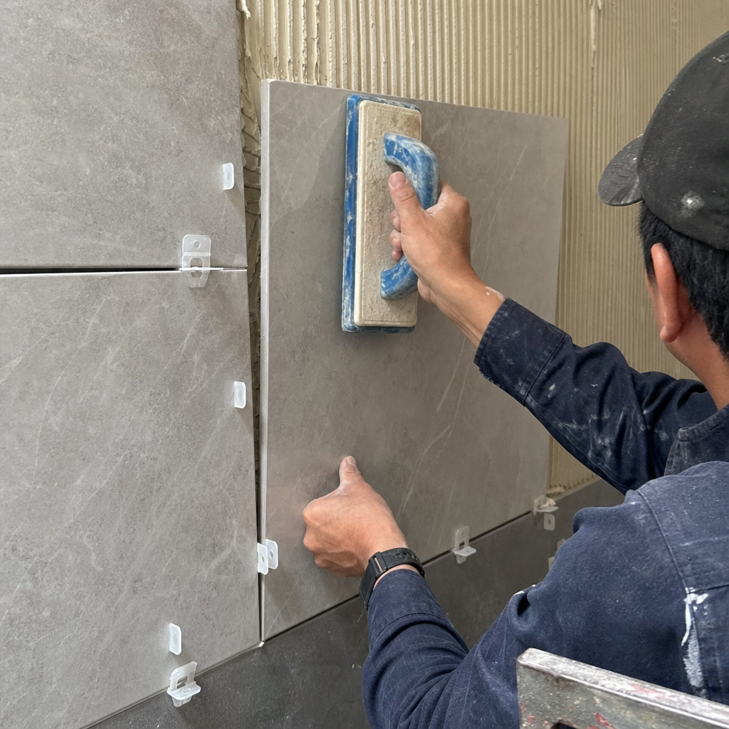 Contractor installing tile for kitchen and bathroom remodeling.
