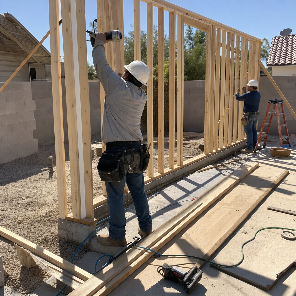General contractor framing room addition with nail gun, worker nearby.