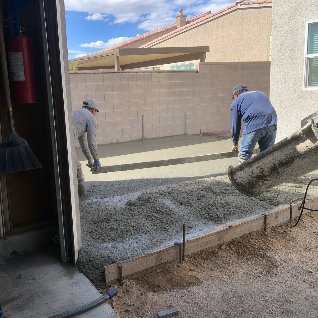 Contractors pour and level concrete for room addition expansion.