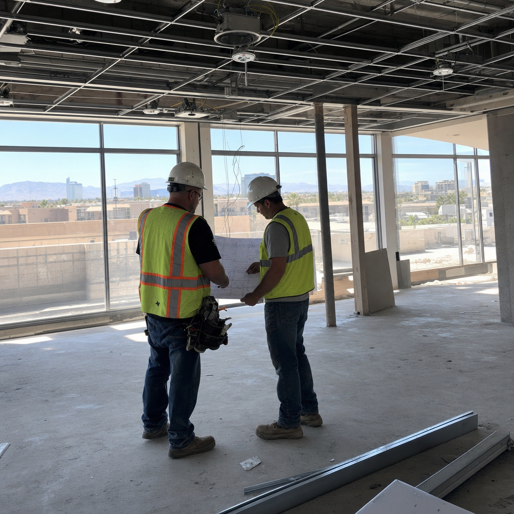 Commercial tenant improvement contractors reviewing blueprints at a construction site. in Spring Valley, NV