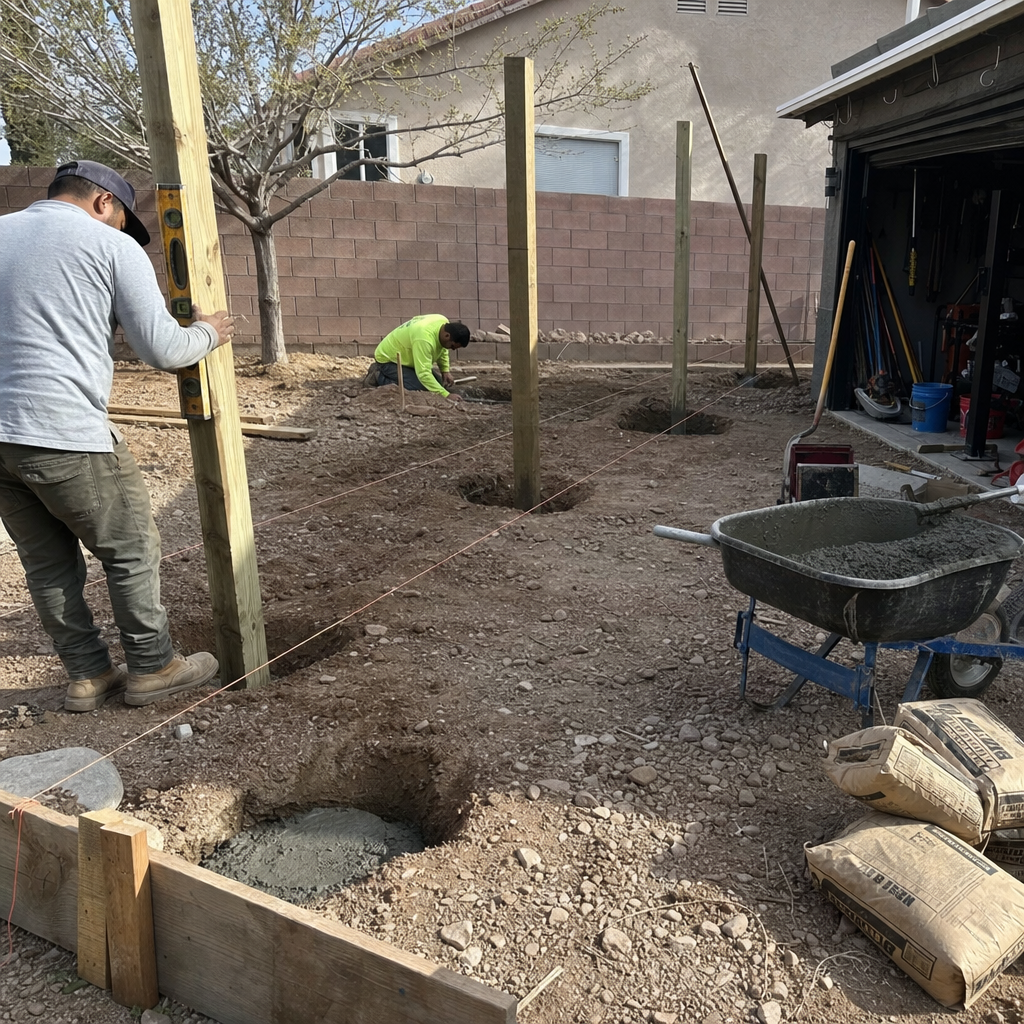 Contractor installs wooden posts for outdoor structure with level in Spring Valley, NV