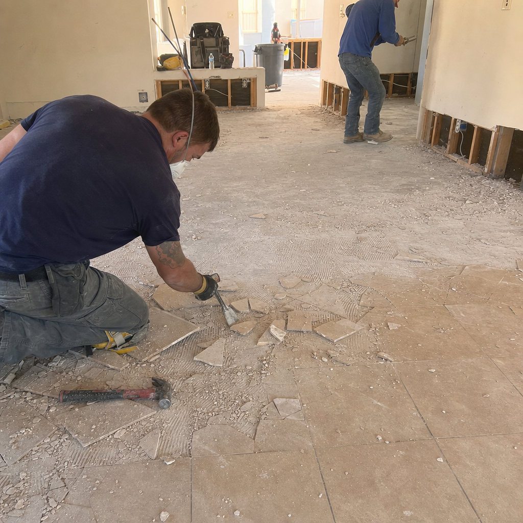 Contractor breaking up tiles during full home renovation in Las Vegas, NV